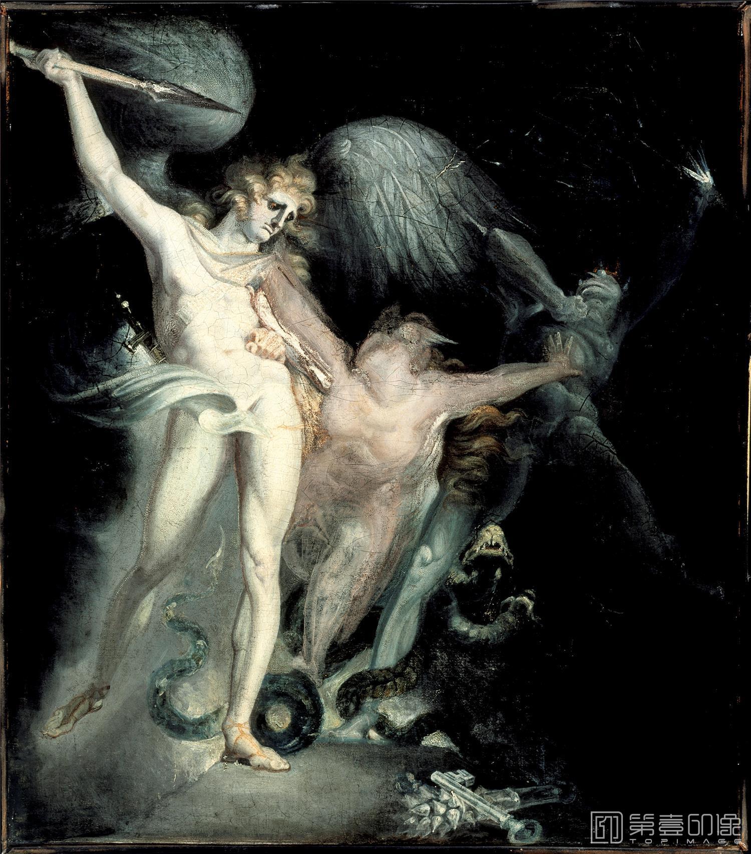 油画-美国洛杉矶国家美术馆-Henry Fuseli-Satan and Death with Sin Intervening-105